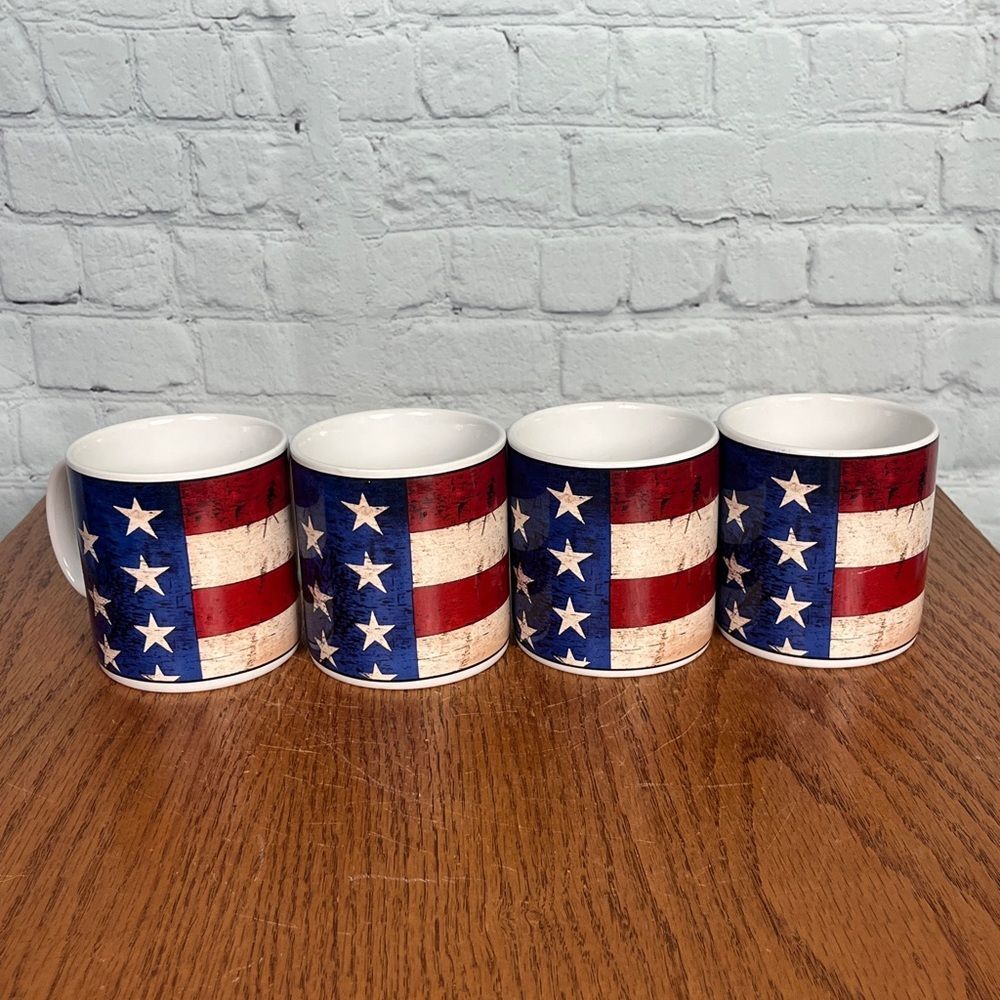 Warren Kimble 4 Flag Coffee Mugs Colonial EUC